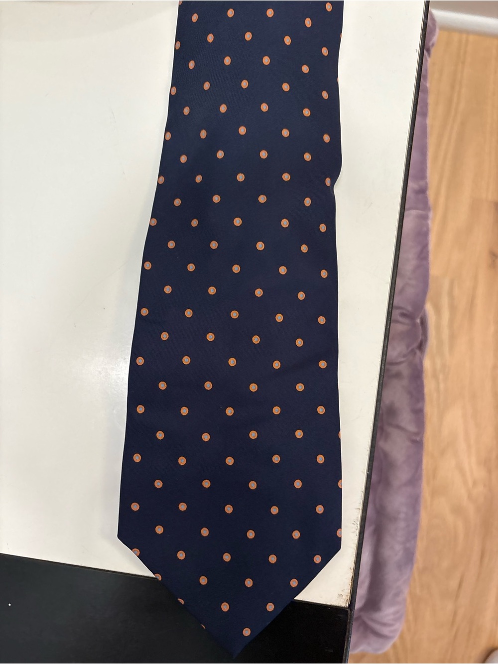 Lands' End Navy Tie with Orange Polka Dots